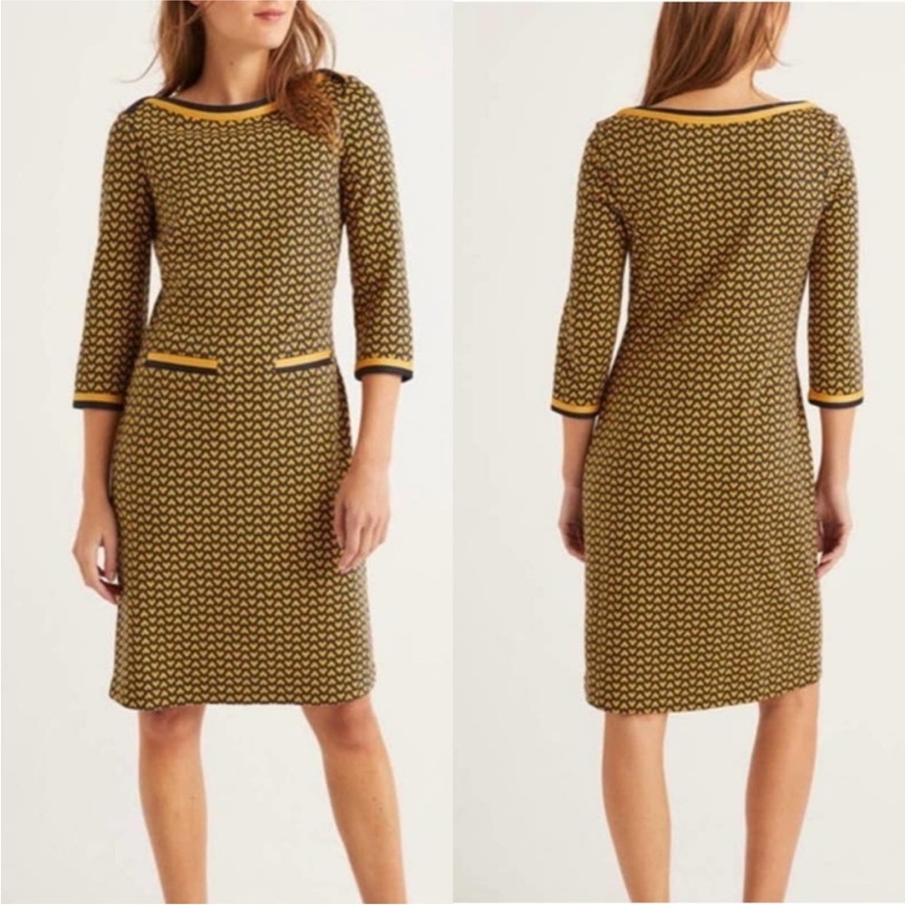 Boden Rhea Jacquard Dress Womens 4R Blue Gold Mini Shift Boat Neck Knit